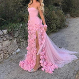 Niulatu Pink Bodycon Dress Strapless Applique Tulle Long Prom Dress HZ1103