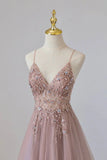 Niulatu Tulle Long A-Line Prom Dress, Pink Spaghetti Formal Dress with Beaded HZ1103