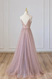 Niulatu Tulle Long A-Line Prom Dress, Pink Spaghetti Formal Dress with Beaded HZ1103