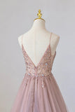 Niulatu Tulle Long A-Line Prom Dress, Pink Spaghetti Formal Dress with Beaded HZ1103