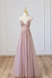 Niulatu Tulle Long A-Line Prom Dress, Pink Spaghetti Formal Dress with Beaded HZ1103