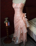 Niulatu Blush Pink Spaghetti Straps Sleeveless Chiffon Prom Dress Vintage Birthday Evening Dress HZ1103
