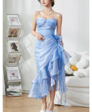 Niulatu Blush Pink Spaghetti Straps Sleeveless Chiffon Prom Dress Vintage Birthday Evening Dress HZ1103