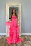 Niulatu Hot Pink A-Line Strapless Chiffon Long Prom Dress Layered Slit Sleeveless Evening Gown HZ1103