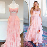 Niulatu Hot Pink A-Line Strapless Chiffon Long Prom Dress Layered Slit Sleeveless Evening Gown HZ1103