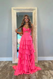 Niulatu Hot Pink A-Line Strapless Chiffon Long Prom Dress Layered Slit Sleeveless Evening Gown HZ1103