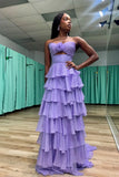 Niulatu Hot Pink A-Line Strapless Chiffon Long Prom Dress Layered Slit Sleeveless Evening Gown HZ1103