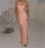 Niulatu V-neck Sheath Halter Satin Backless Long Prom Dress Pretty Evening Dress HZ1103
