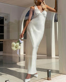 Niulatu V-neck Sheath Halter Satin Backless Long Prom Dress Pretty Evening Dress HZ1103