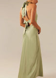 Niulatu V-neck Sheath Halter Satin Backless Long Prom Dress Pretty Evening Dress HZ1103