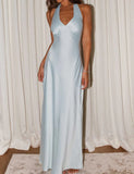 Niulatu V-neck Sheath Halter Satin Backless Long Prom Dress Pretty Evening Dress HZ1103