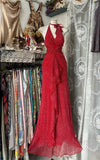 Niulatu Black Halter A-Line Chiffon&Tulle Open Back Prom Dresses Birthday Dresses HZ1026