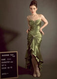 Niulatu Spaghetti Strap Mermaid Satin Dark Green Long Prom Dress Gorgeous Evening Dress HZ1026