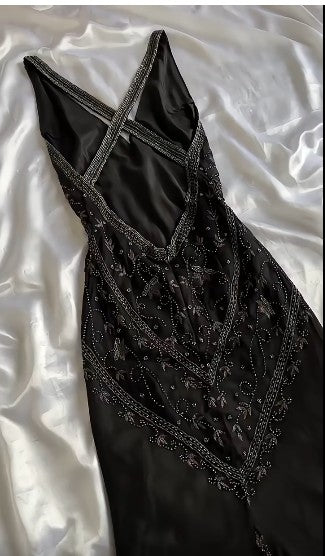 Niulatu Black Beaded Halter Neck Mermaid Chiffon Prom Dress for Party Enchanted Backless Sleeveless Evening Gown HZ1026