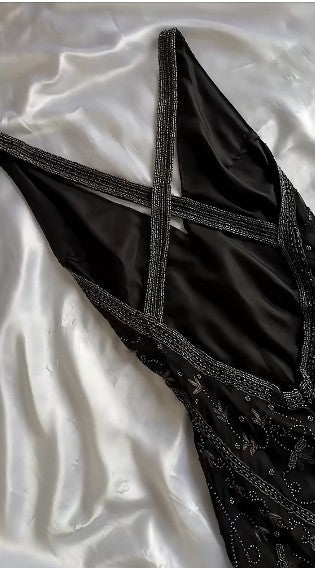 Niulatu Black Beaded Halter Neck Mermaid Chiffon Prom Dress for Party Enchanted Backless Sleeveless Evening Gown HZ1026