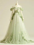 Niulatu Light Green A-Line Off Shoulder Neck Tulle Long Prom Dress Birthday Prom Dress HZ1103