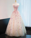 Niulatu Pink Beaded Flowers A-Line Strapless Long Prom Dress Gorgeous Formal Evening Dress HZ1103