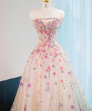 Niulatu Pink Beaded Flowers A-Line Strapless Long Prom Dress Gorgeous Formal Evening Dress HZ1103