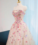 Niulatu Pink Beaded Flowers A-Line Strapless Long Prom Dress Gorgeous Formal Evening Dress HZ1103