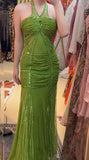 Niulatu Green Halter Mermaid Chiffon Beaded Sequin Prom Dress Elegant Formal Evening Dress HZ1103