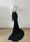 Niulatu Black Sequin Mermaid Spaghetti Strap Vling Long Prom Dress Backless Formal Evening Dress HZ1103