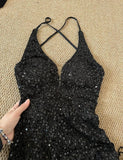Niulatu Black Sequin Mermaid Spaghetti Strap Vling Long Prom Dress Backless Formal Evening Dress HZ1103