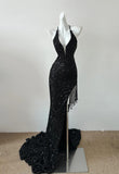 Niulatu Black Sequin Mermaid Spaghetti Strap Vling Long Prom Dress Backless Formal Evening Dress HZ1103