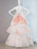 Niulatu Pastel Layered A-Line Strapless Tulle Long Prom Dress Cute Applique Birthday Evening Dress HZ1103