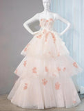 Niulatu Pastel Layered A-Line Strapless Tulle Long Prom Dress Cute Applique Birthday Evening Dress HZ1103