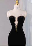 Niulatu Black Velvet Mermaid Strapless Beaded Long Prom Dress Tulle Formal Evening Dress HZ1103