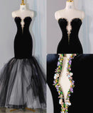 Niulatu Black Velvet Mermaid Strapless Beaded Long Prom Dress Tulle Formal Evening Dress HZ1103