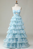 Niulatu Enchanted Blue A-Line Evening Gown ¨C Sweet Floral Layered Prom Dress for Special Occasion HZ1103