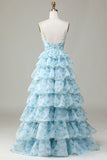 Niulatu Enchanted Blue A-Line Evening Gown ¨C Sweet Floral Layered Prom Dress for Special Occasion HZ1103