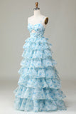 Niulatu Enchanted Blue A-Line Evening Gown ¨C Sweet Floral Layered Prom Dress for Special Occasion HZ1103