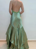 Niulatu Green V-Neck Beaded Satin Mermaid Backless Evening Gown HZ1103