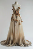 Niulatu Champagne V-neck Chiffon A-Line Prom Dress Three-dimensional Rose Simple Wedding Dress HZ1103