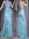 Niulatu Blue V-neck Chiffon Mermaid Gown - Glitter Beading & Sequined Backless Evening Dress HZ1103