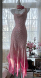 Niulatu Cinderella Pink A-Line Evening Gown - Iridescent Beaded Tulle with Soft Chiffon Layers for Sweet 16 HZ1103