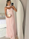 Niulatu A Line Pink Long Prom Dress Pleated Formal Party HZ1103