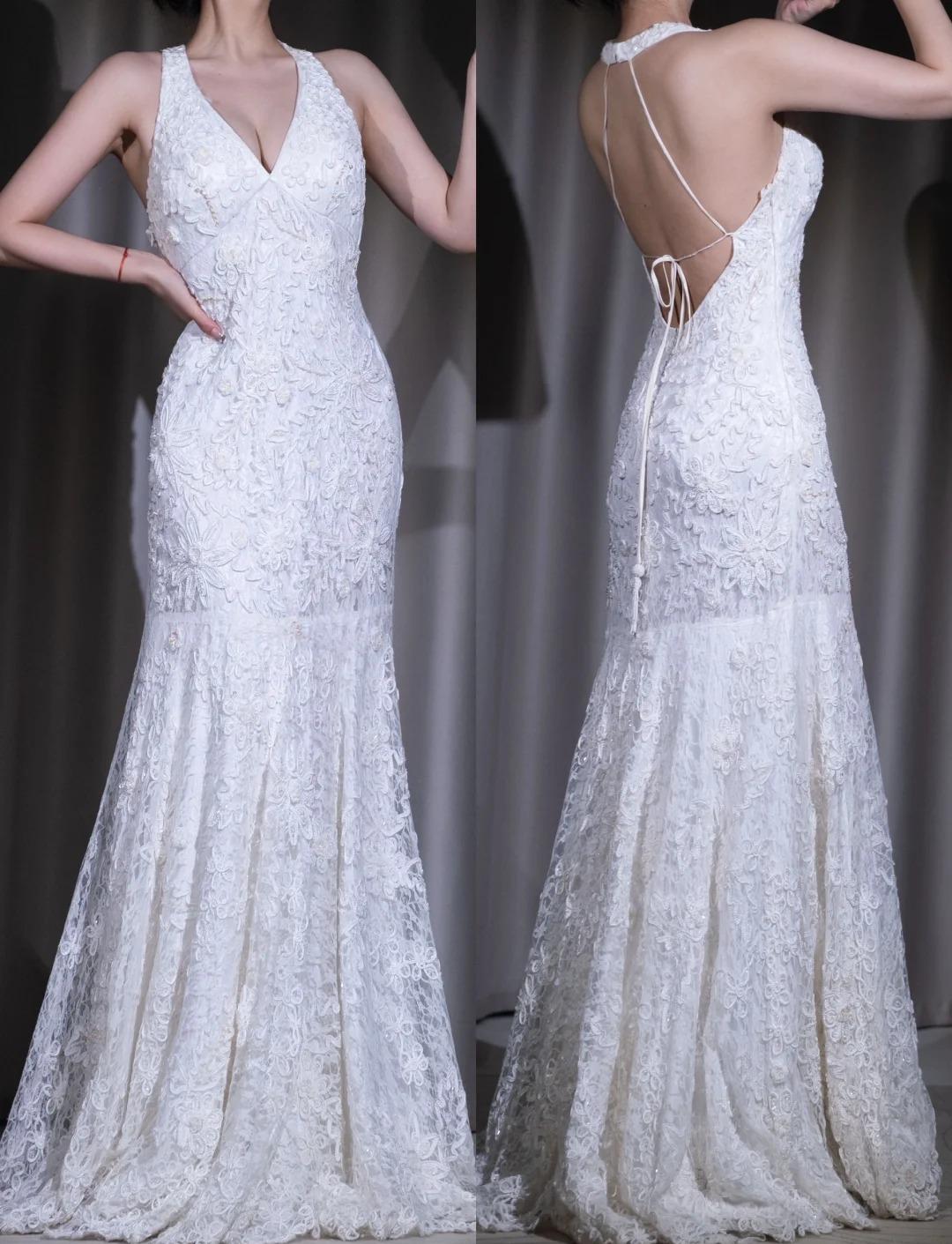 Niulatu V-neck Lace Mermaid Applique Prom Dress for Party White Elegant Backless Evening Dress HZ1103