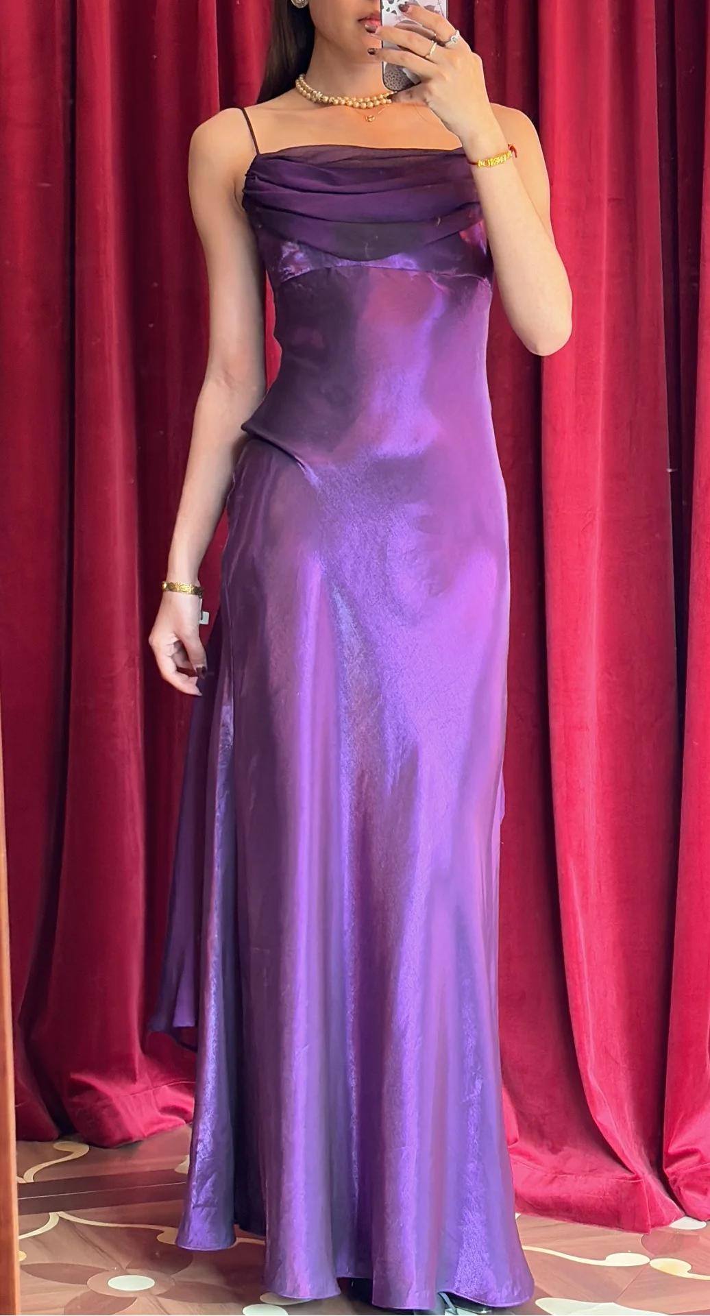 Niulatu Purple Satin Prom Dress Vintage Glam Evening Gown with Chiffon Ribbon HZ1103