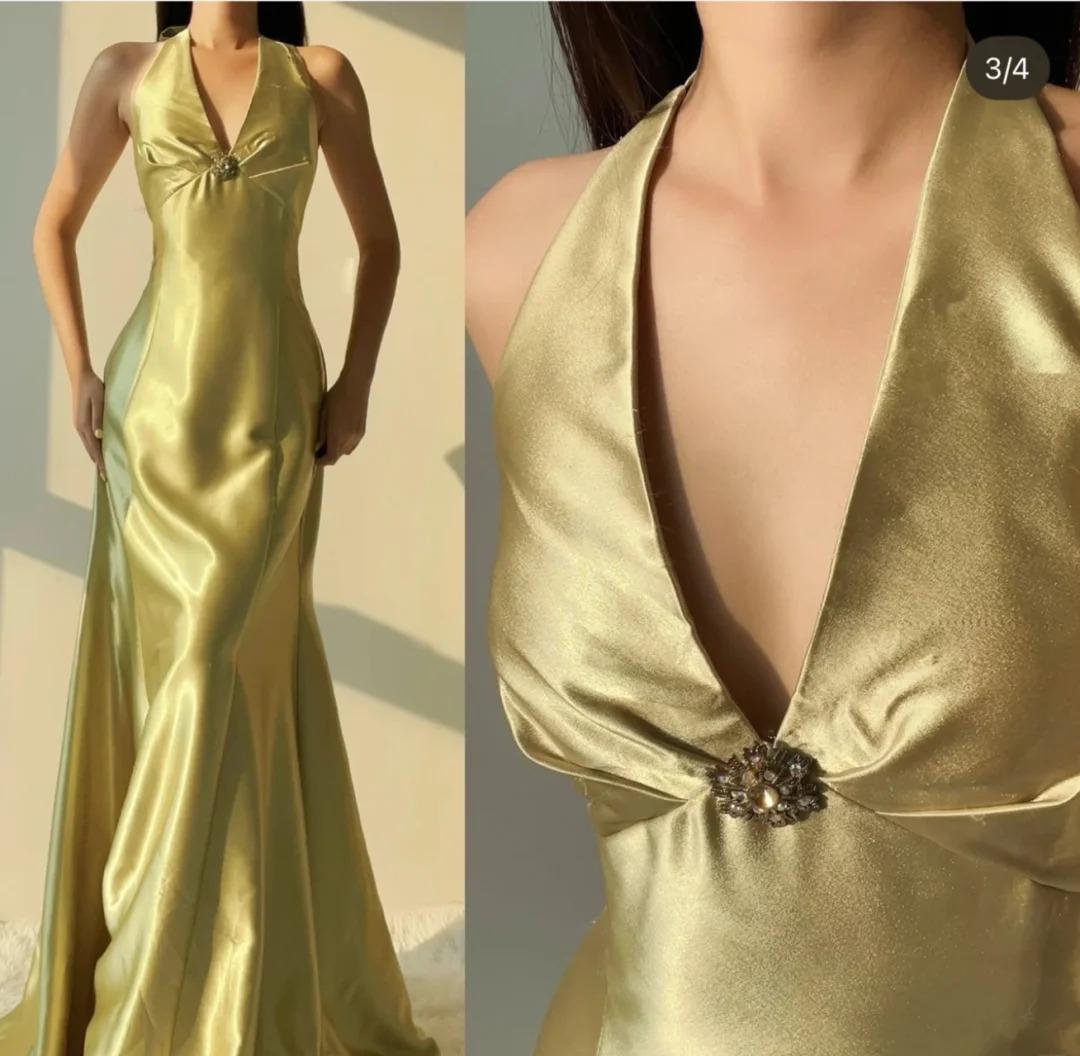 Niulatu Yellow Mermaid Satin Prom Dress for Party&Quinceanera Backless Halter Evening Gown HZ1103
