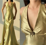 Niulatu Yellow Mermaid Satin Prom Dress for Party&Quinceanera Backless Halter Evening Gown HZ1103