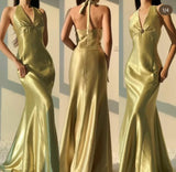 Niulatu Yellow Mermaid Satin Prom Dress for Party&Quinceanera Backless Halter Evening Gown HZ1103