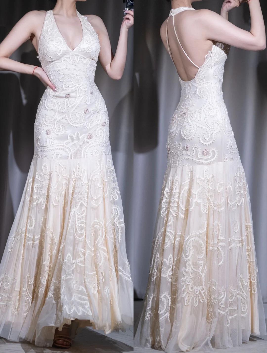 Niulatu Apricot Mermaid Chiffon Beaded Prom Dress for Party&Birthday Ekegant Backless Halter Evening Gown HZ1103