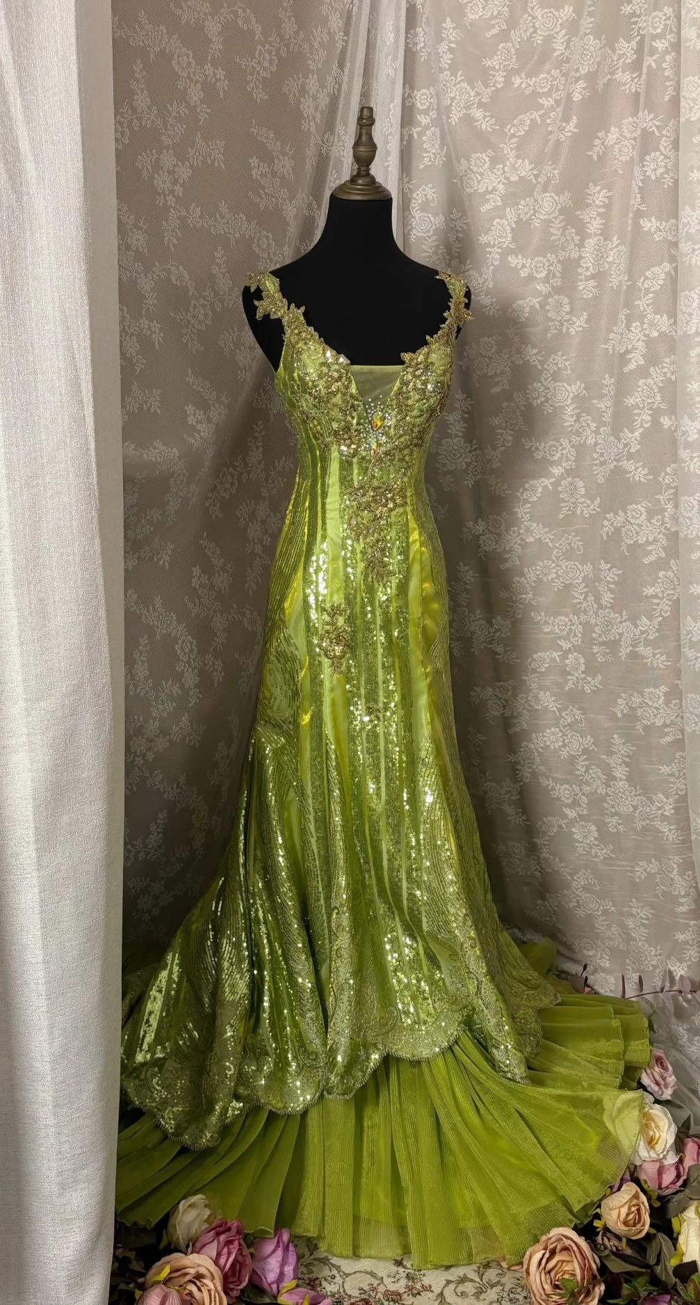 Niulatu Bud Green Mermaid Sequins Beaded Prom Dress Backless Tulle Evening Gown HZ1103