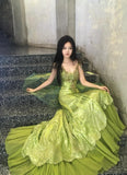 Niulatu Bud Green Mermaid Sequins Beaded Prom Dress Backless Tulle Evening Gown HZ1103