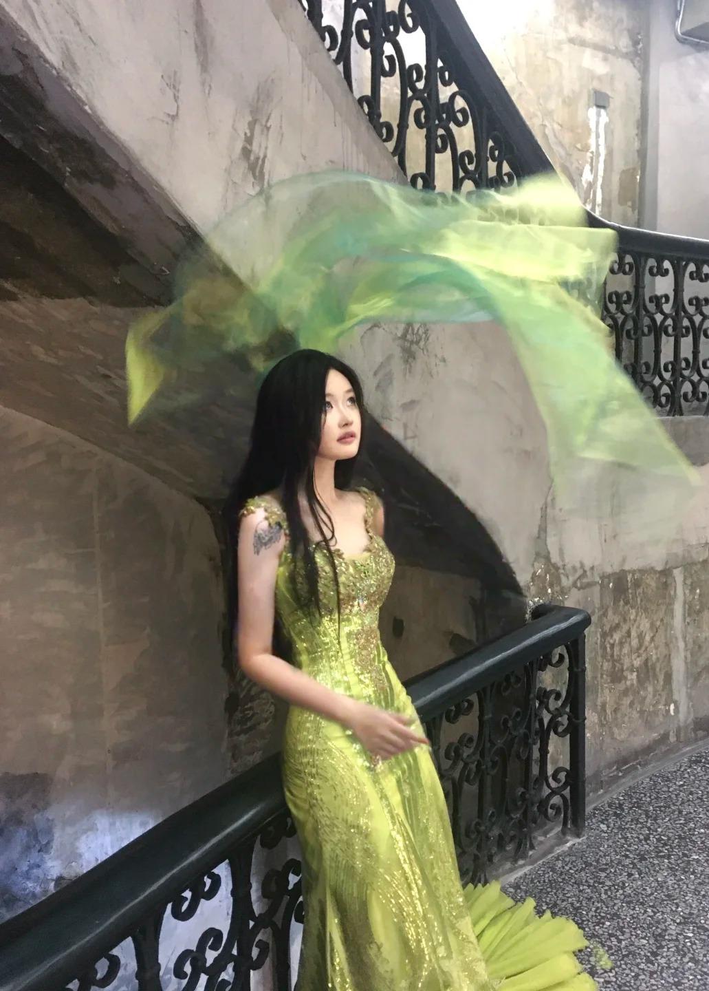 Niulatu Bud Green Mermaid Sequins Beaded Prom Dress Backless Tulle Evening Gown HZ1103