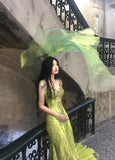 Niulatu Bud Green Mermaid Sequins Beaded Prom Dress Backless Tulle Evening Gown HZ1103