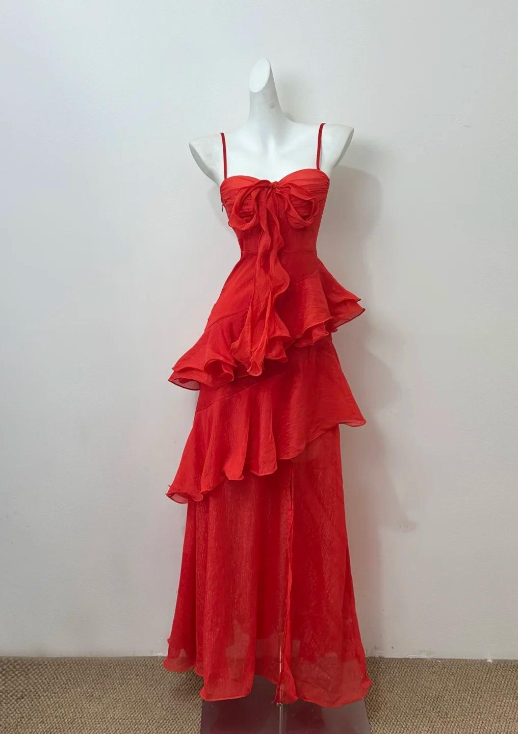 Niulatu Red A-line Spaghetti Straps Layed Chiffon Prom Dress for Birthday Sweet Evening Gown HZ1103